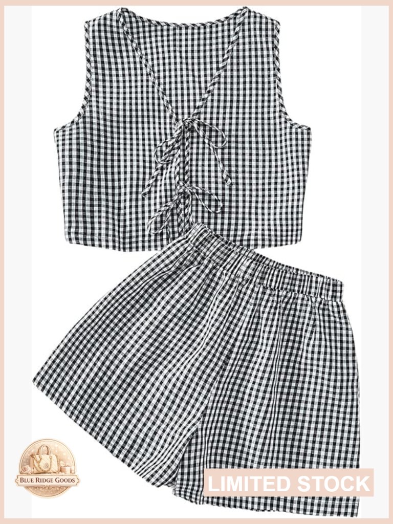 Tie Front Tank Top Shorts Set Plaid Print Summer Vacation Outfit Y2k Trendy